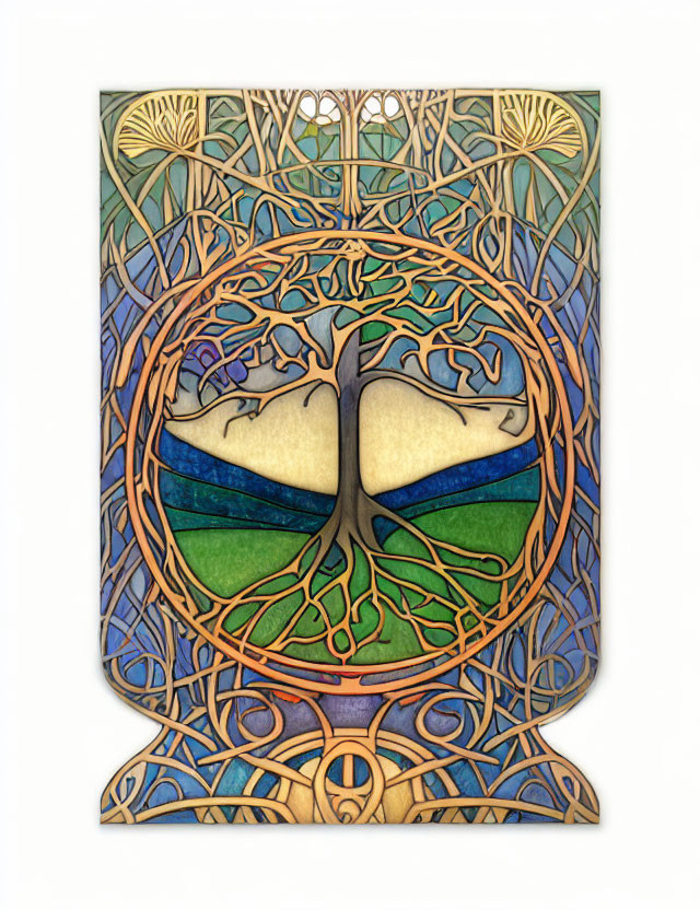 Circular frame encases tree in stained glass style