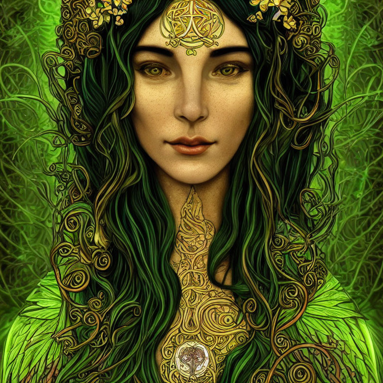 Illustration of woman with green tattoos, vine hair, golden eyes, nature crown