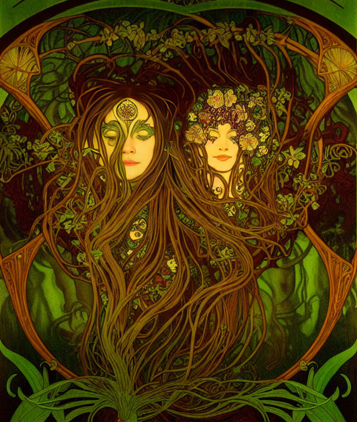 Illustration of two women with entwined hair in Art Nouveau style