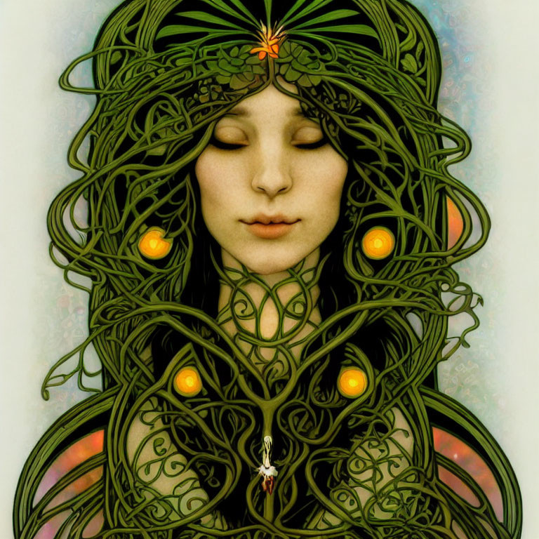 Intricate illustration of serene woman with swirling vine patterns