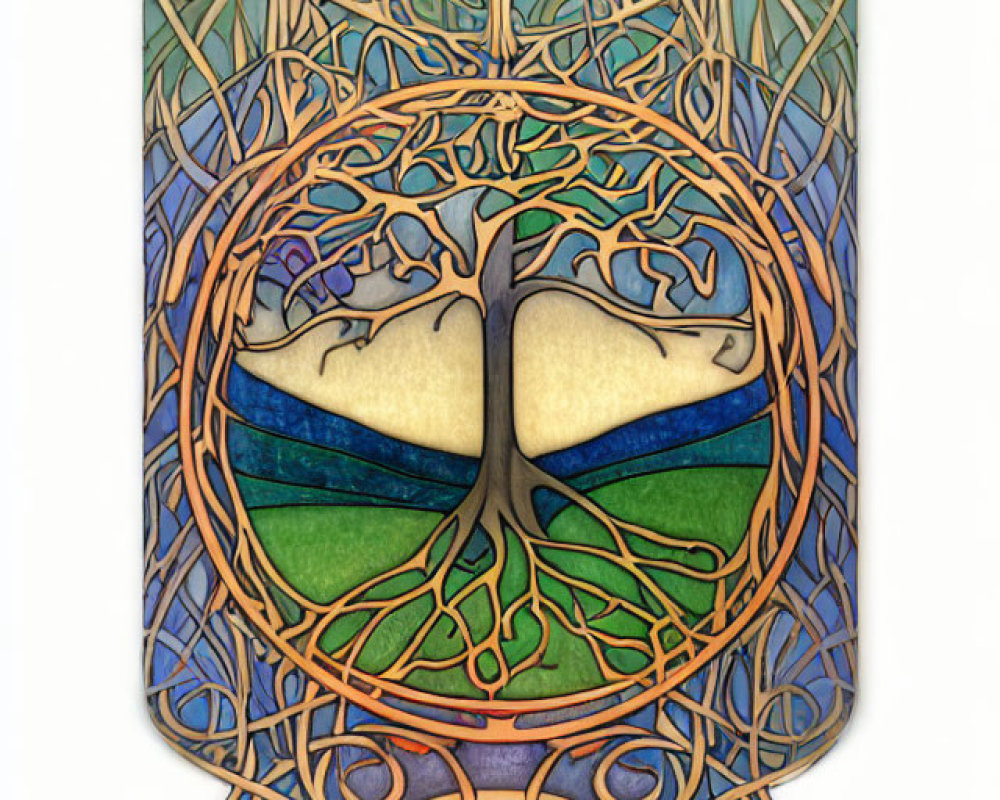 Circular frame encases tree in stained glass style