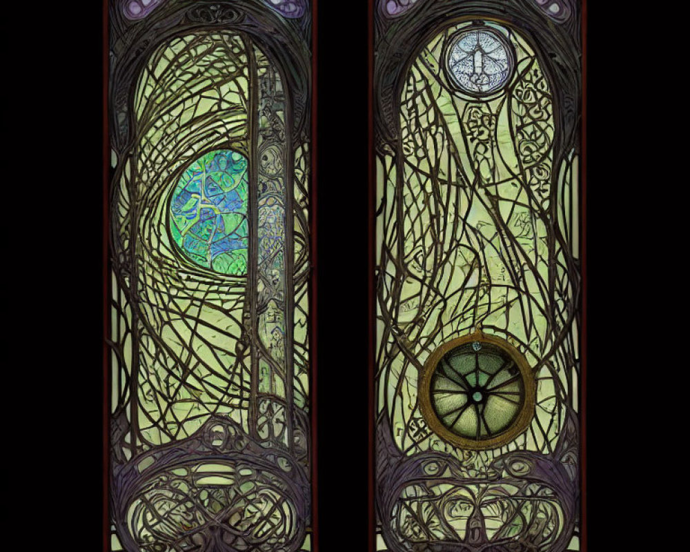 Intricate Swirling Designs on Stained Glass Windows