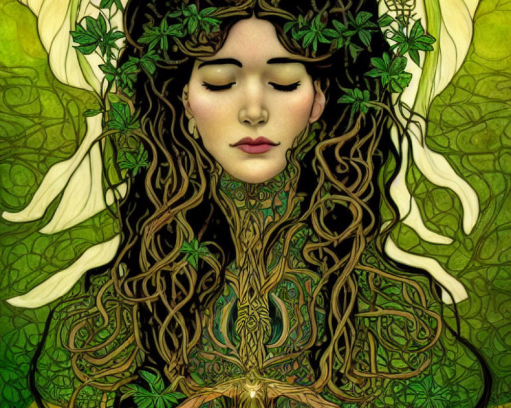 Woman with closed eyes adorned with intricate green foliage and vines.