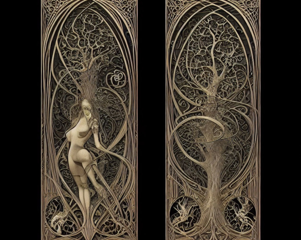 Symmetrical tree design with central female figure merging in panels