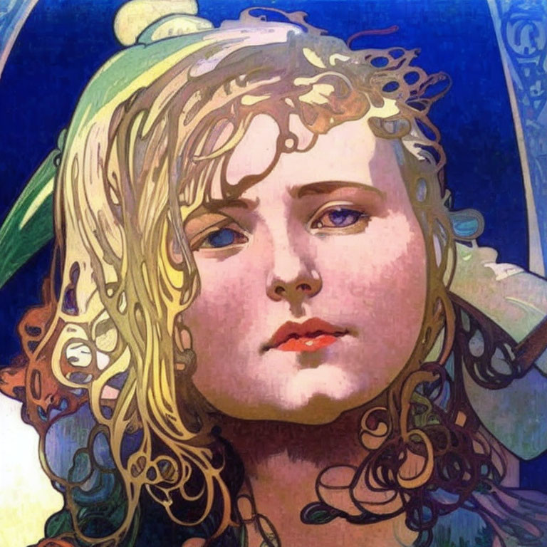 Woman portrait in Art Nouveau style with flowing hair and floral patterns on blue background
