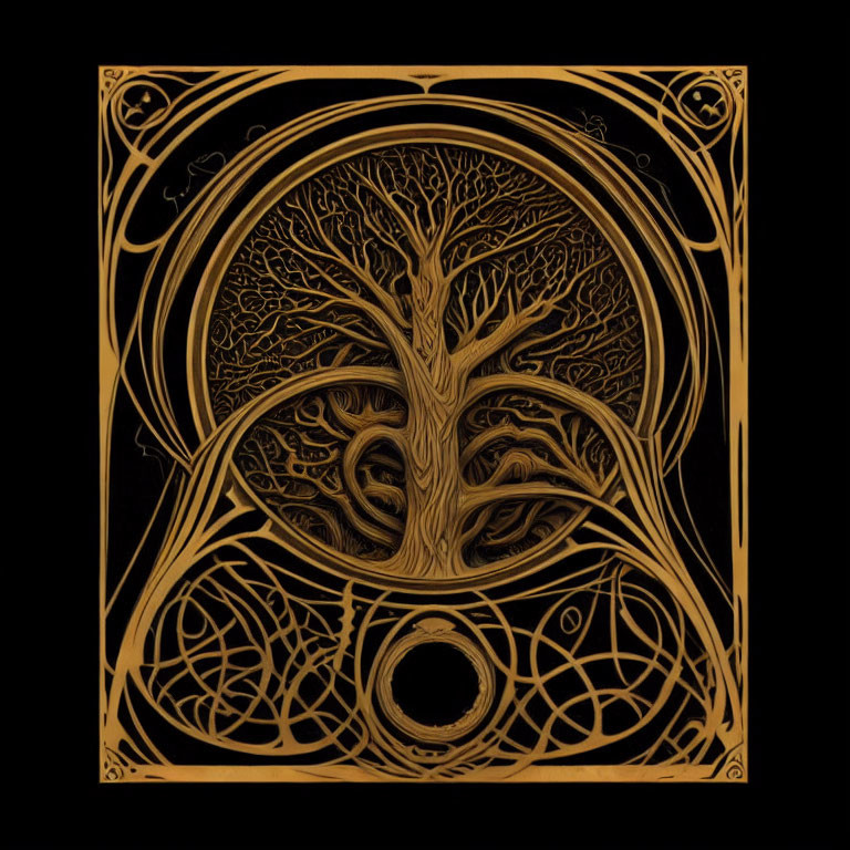 Detailed Tree Design on Black Background in Ornate Golden Border
