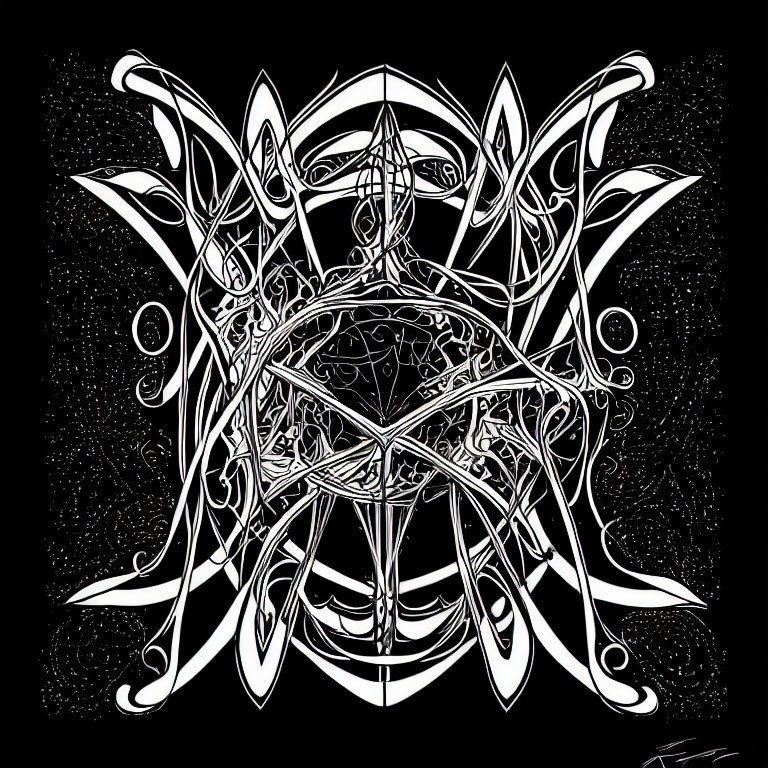 Symmetrical Black and White Mandala Design on Dark Background