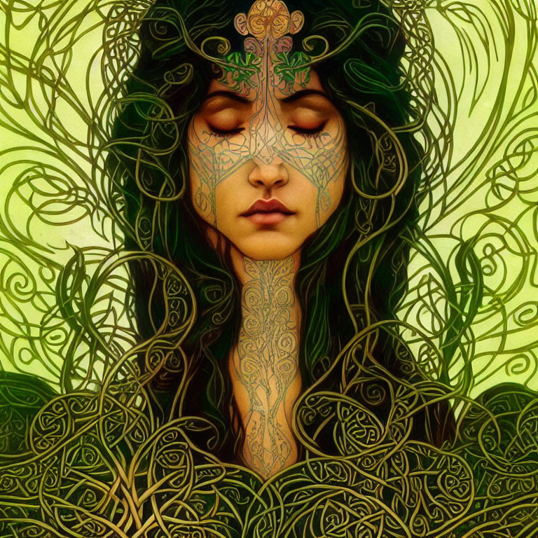 Detailed illustration of woman with closed eyes and intricate green patterns, surrounded by swirling vine-like designs in various
