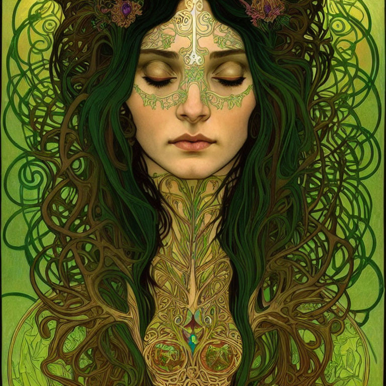 Woman with Celtic knotwork in hair and clothing, emanating serene aura
