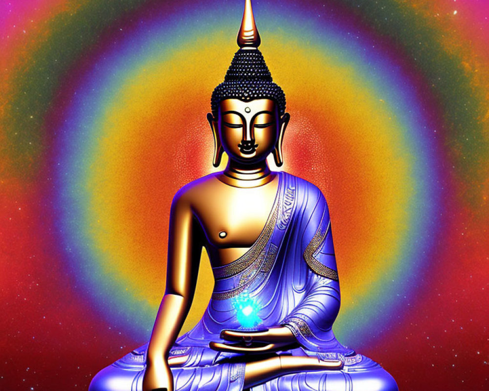 Colorful Seated Buddha Illustration with Radiant Aura Background