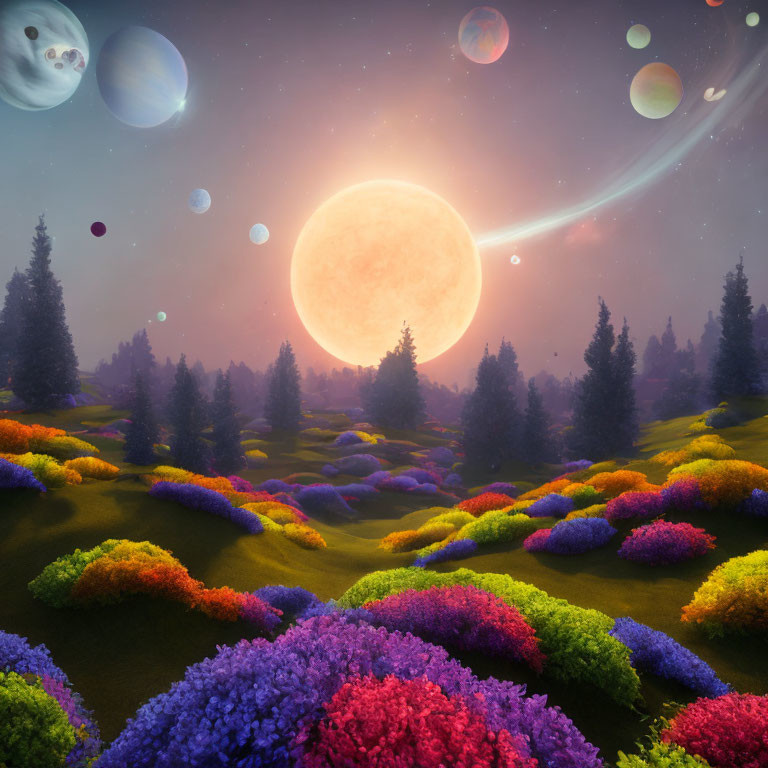 Colorful Twilight Fantasy Landscape with Oversized Moon & Celestial Bodies
