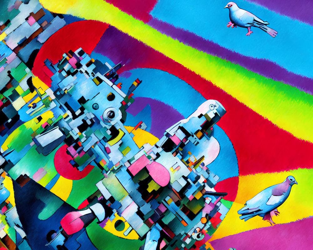 Vibrant abstract art with mechanical structures and birds on rainbow background