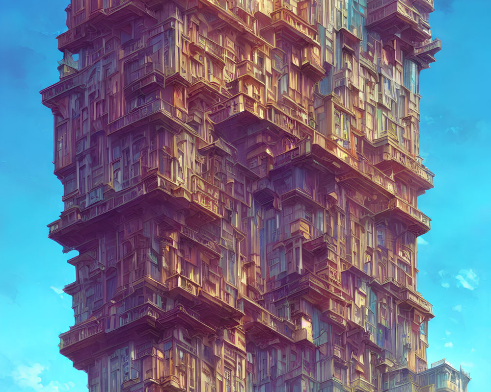 Futuristic skyscraper with intricate stacked design against blue sky