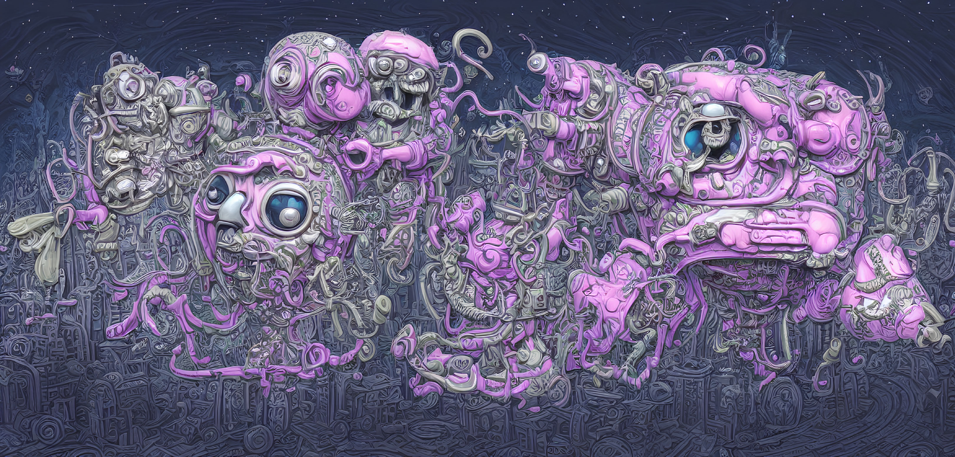 Detailed surreal art: mechanical and organic elements with cartoonish eyes in purple and gray.