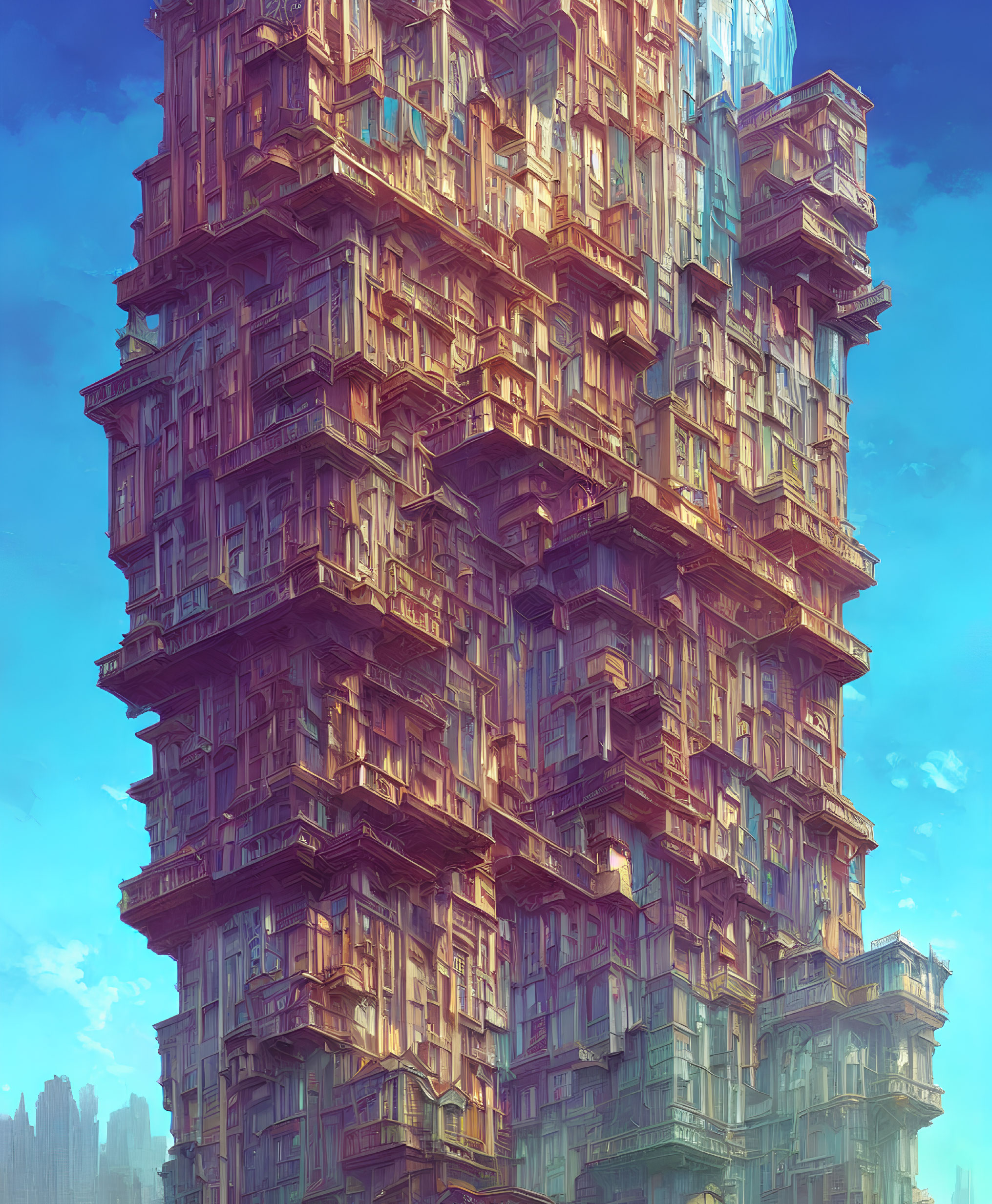 Futuristic skyscraper with intricate stacked design against blue sky