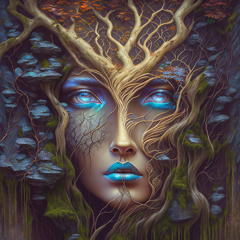 Mystical female face with tree elements and vibrant foliage