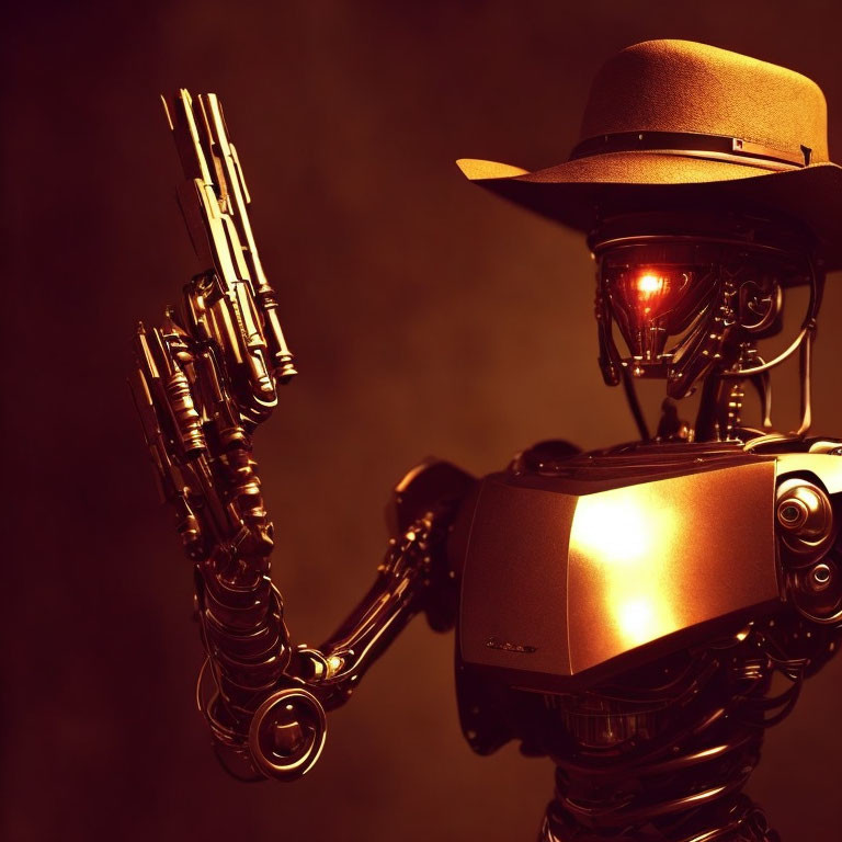 Intricate robotic arm in cowboy hat on dark background