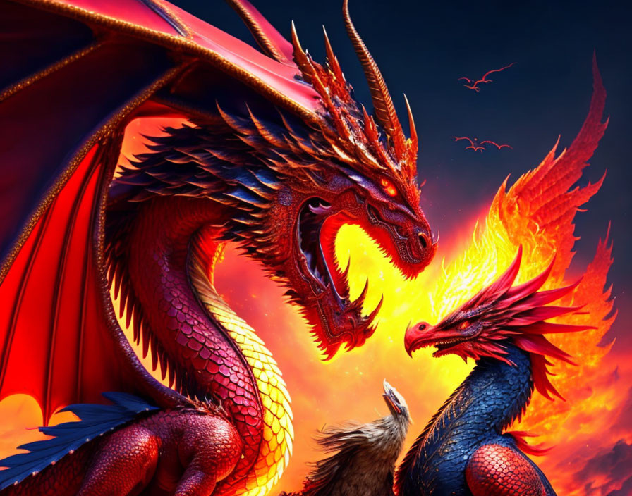Vibrant red and blue dragon artwork under dramatic sky