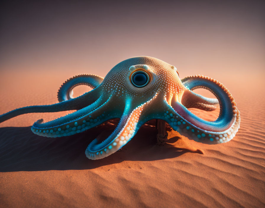 Colorful Octopus on Sandy Desert Blends Surrealism with Reality