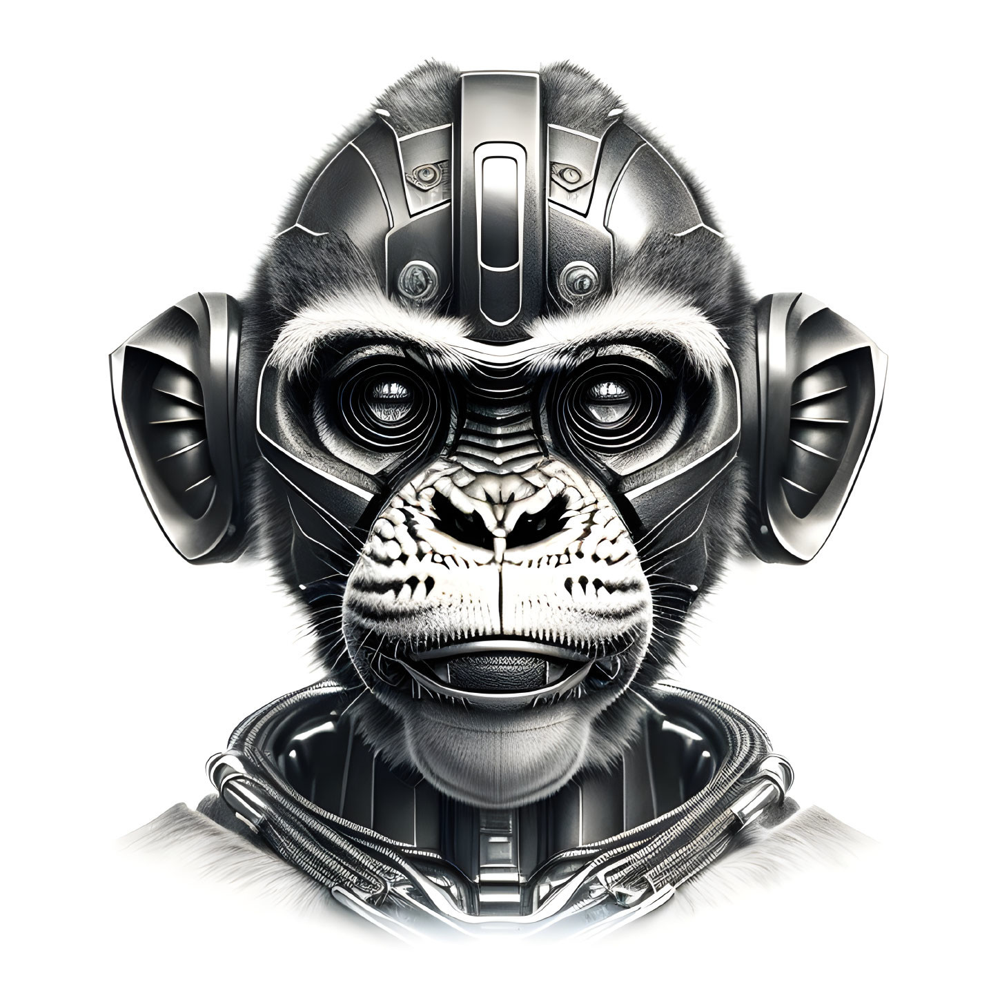 Chimpanzee digital illustration with futuristic elements in monochromatic color scheme