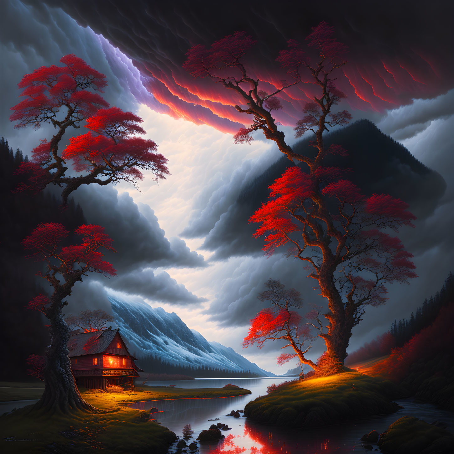Fantasy landscape with red foliage, cabin by river, mountains, twilight sky
