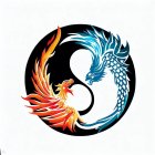 Yin-Yang Symbol with Orange Phoenix and Blue Dragon
