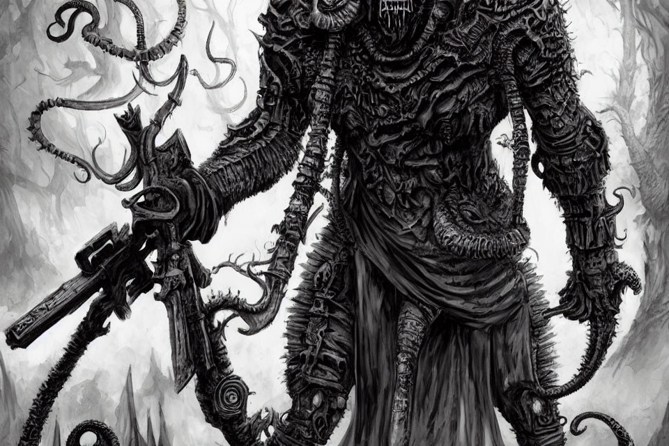 Detailed Monochrome Drawing of Towering Tentacled Creature with Swords