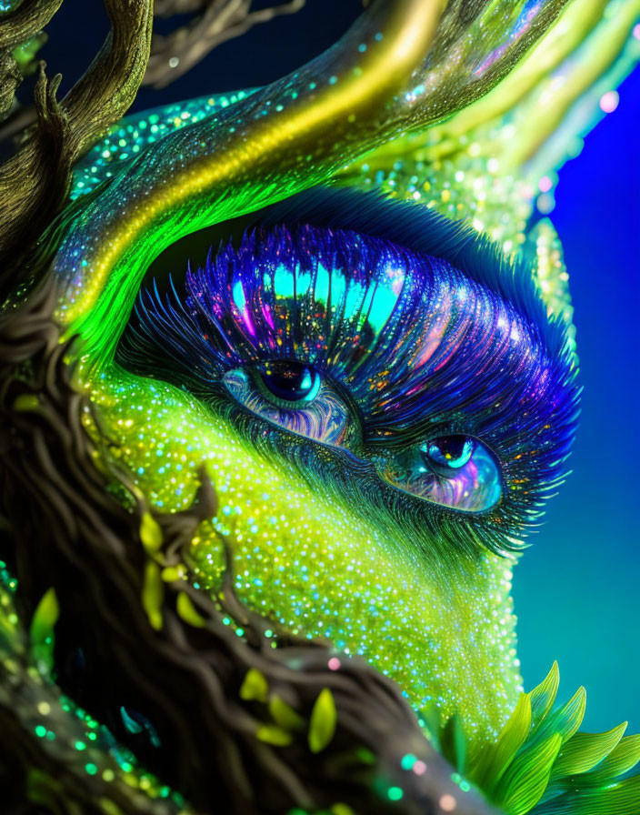 Vibrant fantasy makeup design with glitter and iridescent tree-like elements