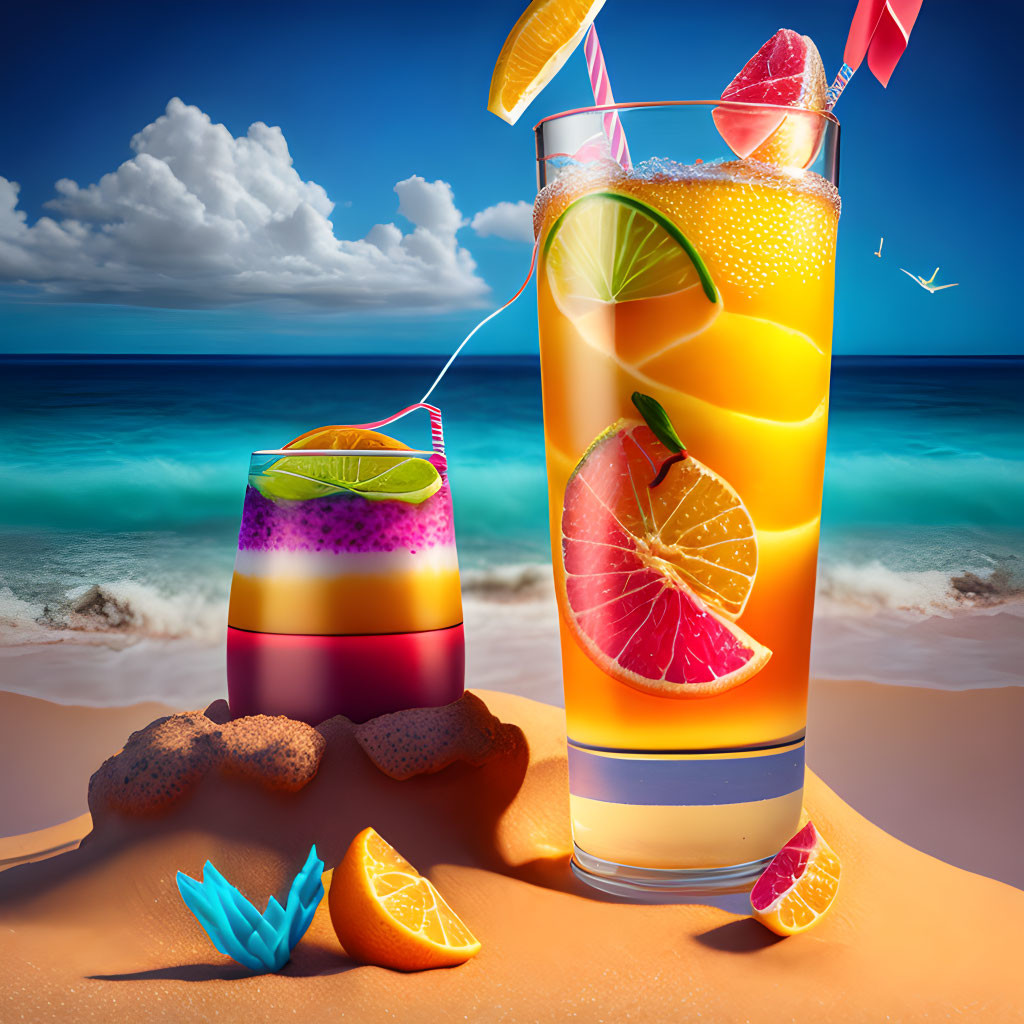 Tropical drinks on beach with citrus slices, blue sky & ocean