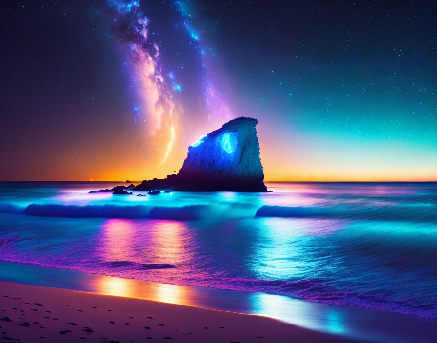 Night Beach Scene: Vibrant Beach with Rock Formation under Milky Way Sky