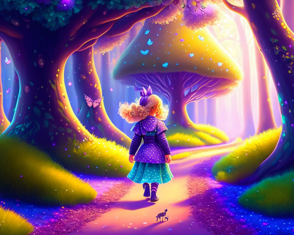 Young girl in polka-dot dress in magical forest with mushrooms and butterflies