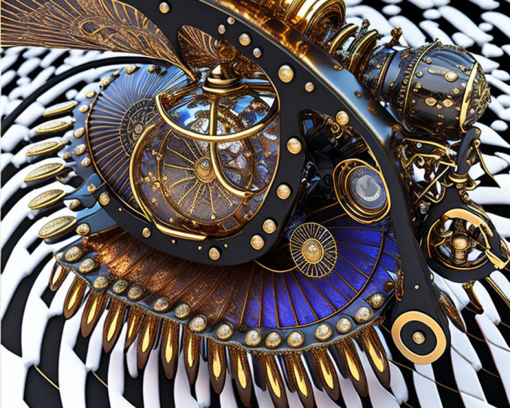 Intricate Steampunk Object with Golden Gears on Spiral Background