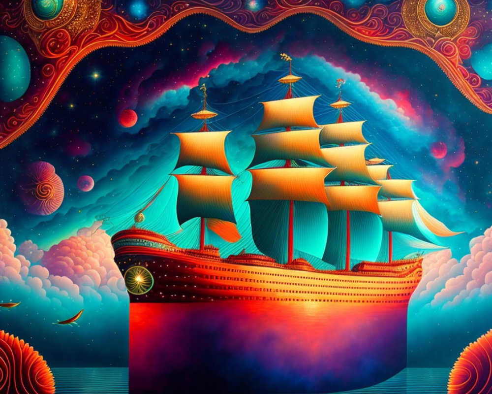 Colorful surreal ocean with celestial bodies and large sailing ship
