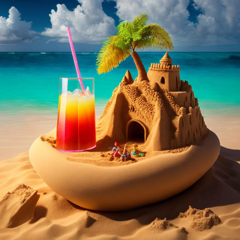 Whimsical sandcastle with tropical island theme on sunny beach