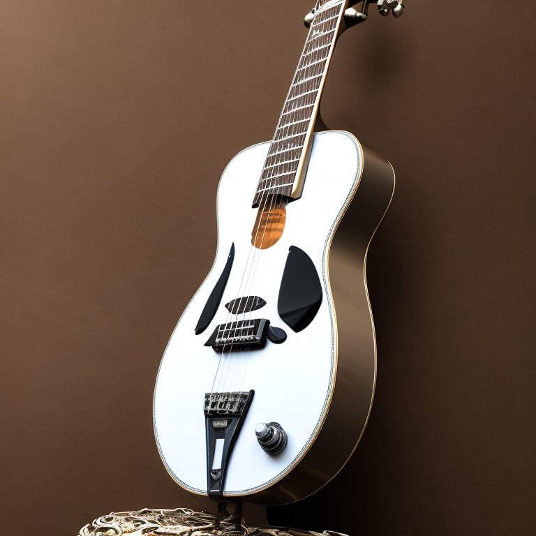 White Acoustic Guitar with Black Pick Guard on Brown Background