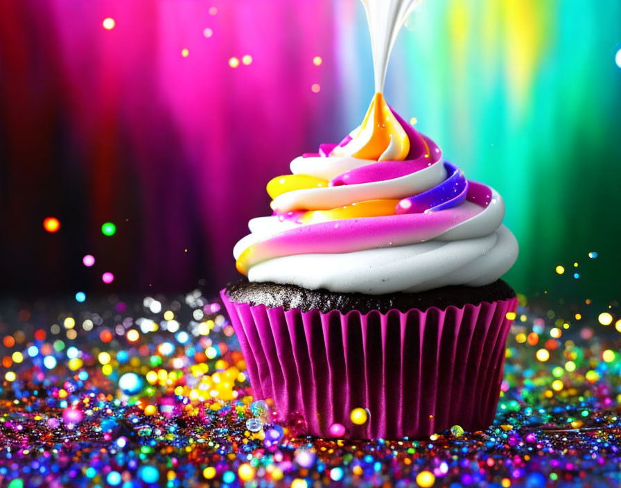 Colorful Cupcake with Yellow, Purple, and White Icing and Candle on Glittery Background