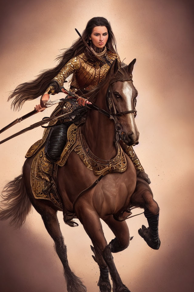 Female warrior in ornate armor riding galloping horse with spear