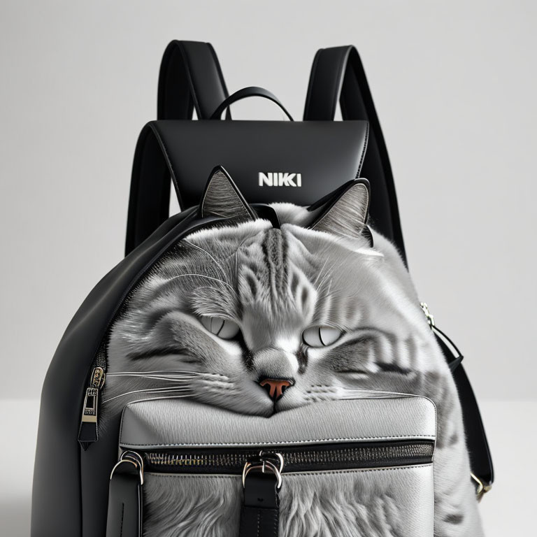 Black Leather Backpack with Realistic Cat Face Design and 3D Ears
