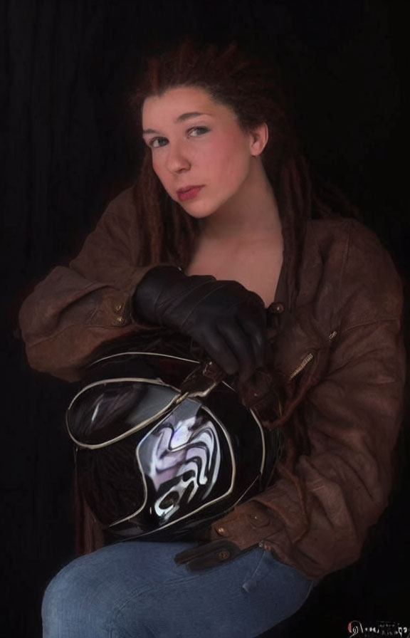 Woman with dreadlocks in brown leather jacket holding helmet