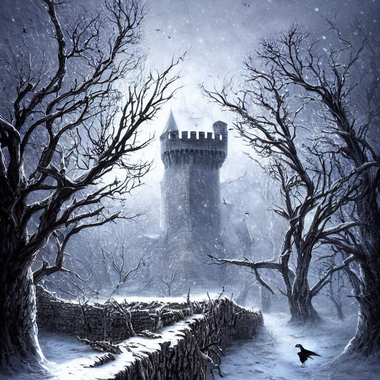 Snowy Castle Scene: Barren Trees, Raven, Twilight Sky