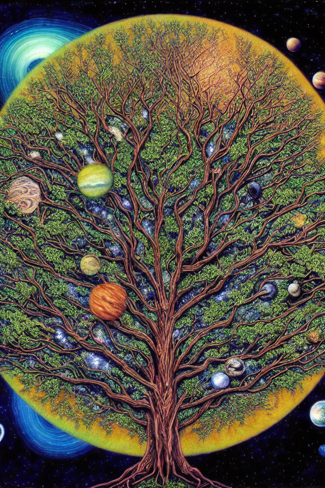 Tree with Solar System Planets in Starry Space Background