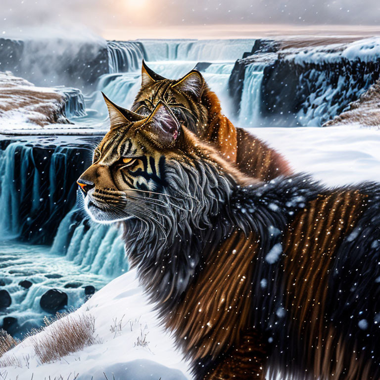 main coon tigers in front of Gullfoss