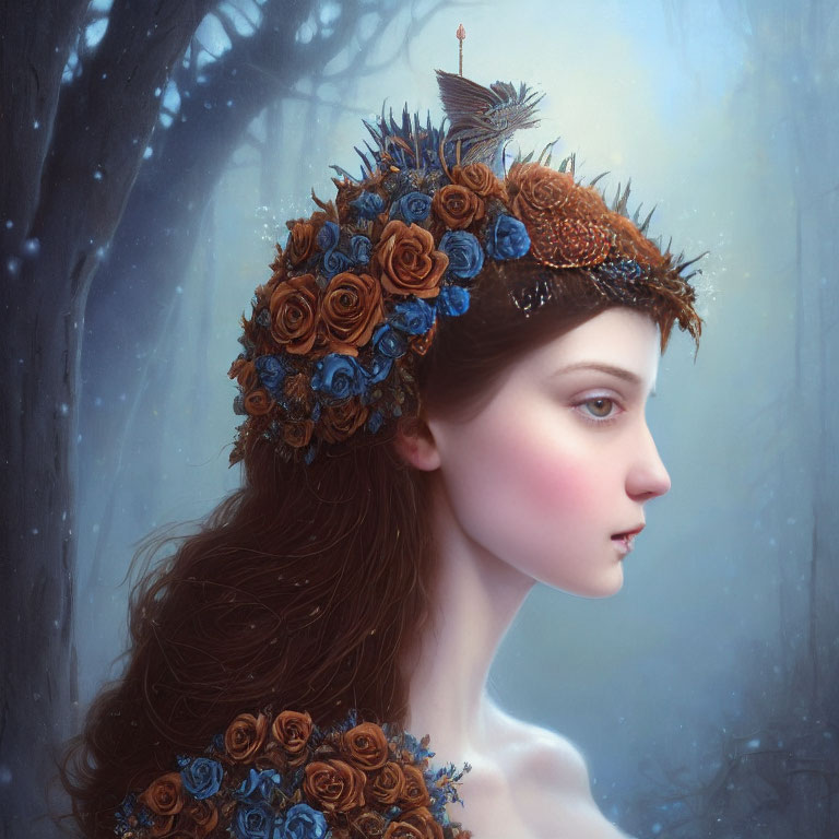Profile of Woman with Blue Rose Crown and Bird in Misty Forest