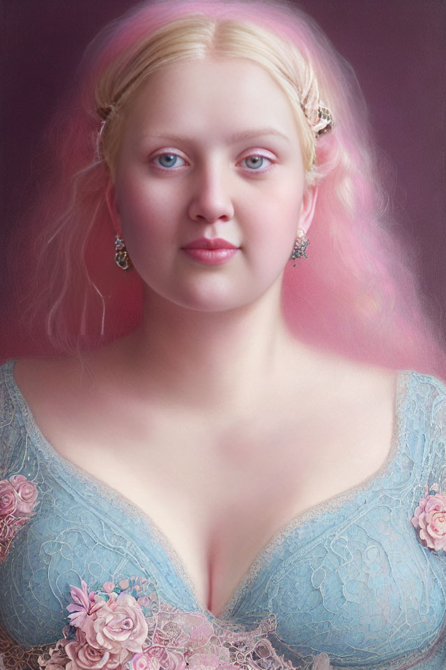 Portrait of woman with pink hair and blue eyes in blue dress with pink floral accents on soft pink background