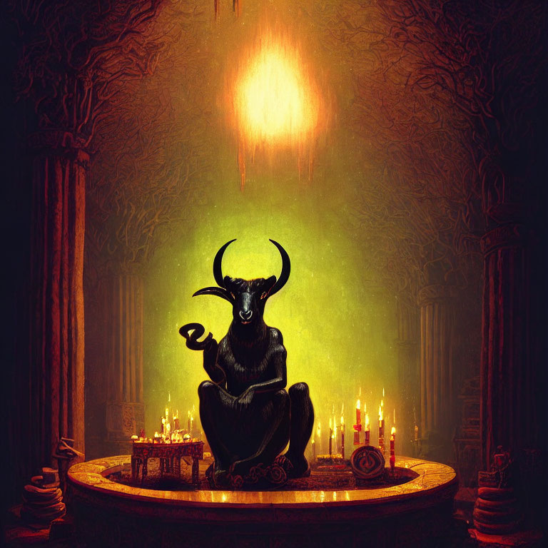Dark chamber with horned figure at candlelit altar in green glow