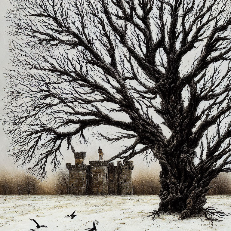 Snowy landscape with large leafless tree and stone castle