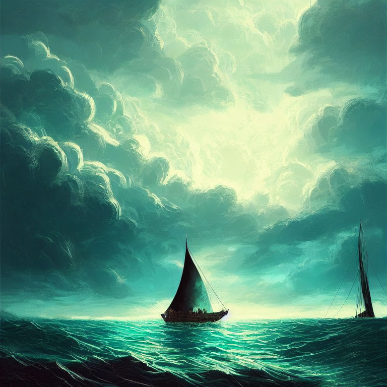 Sailboats painting on turbulent sea with teal sky