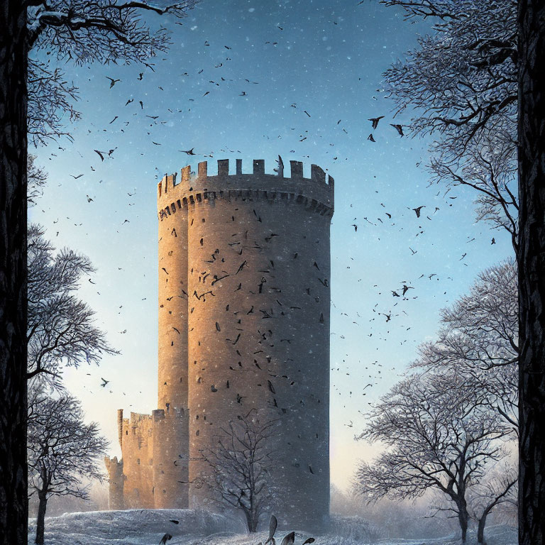 Stone tower in snowy landscape with flying birds and barren trees