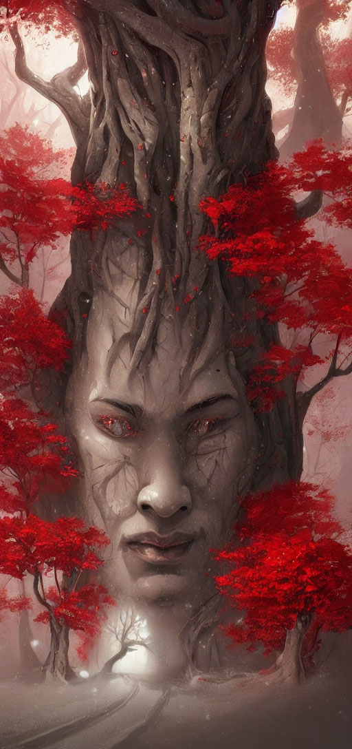 Mystical tree with humanoid face and red eyes in misty forest scene