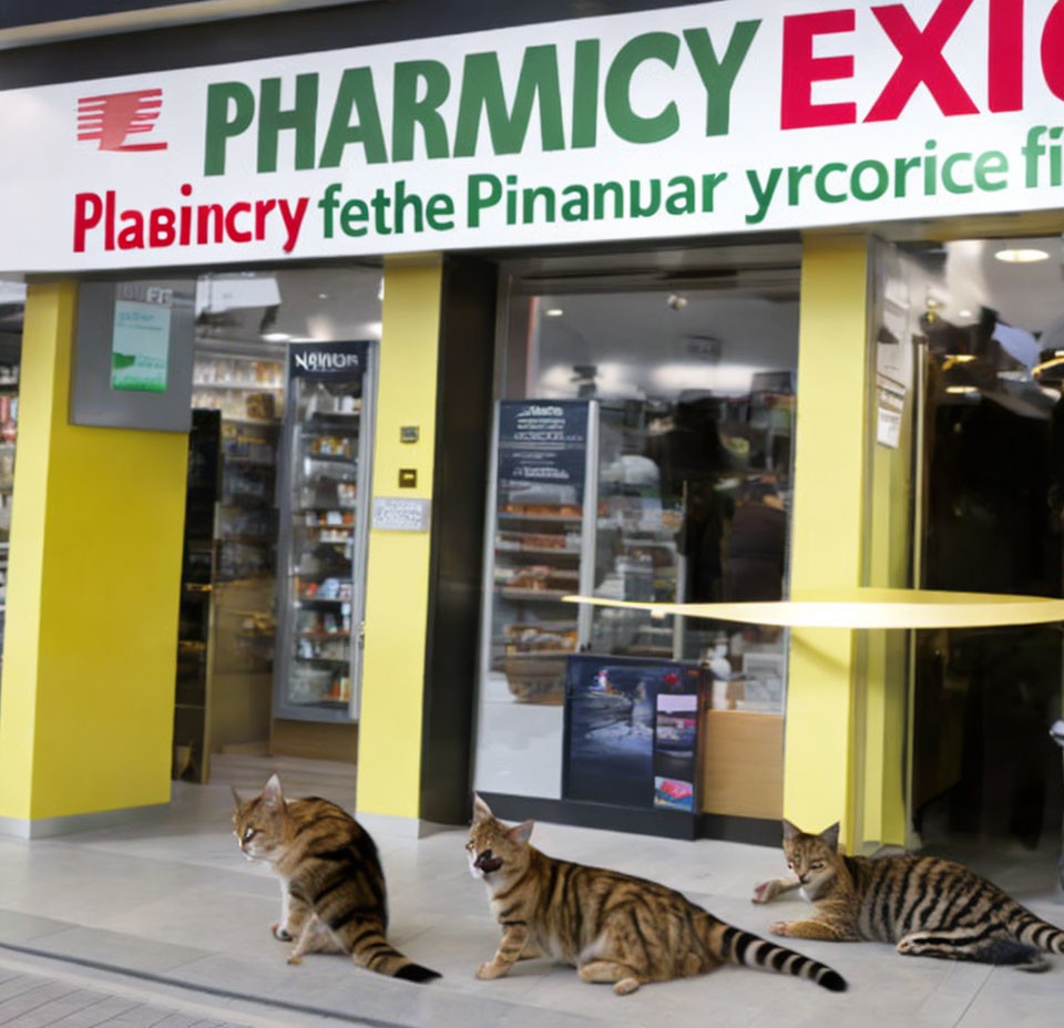 Three cats in front of pharmacy with yellow & red signboard.